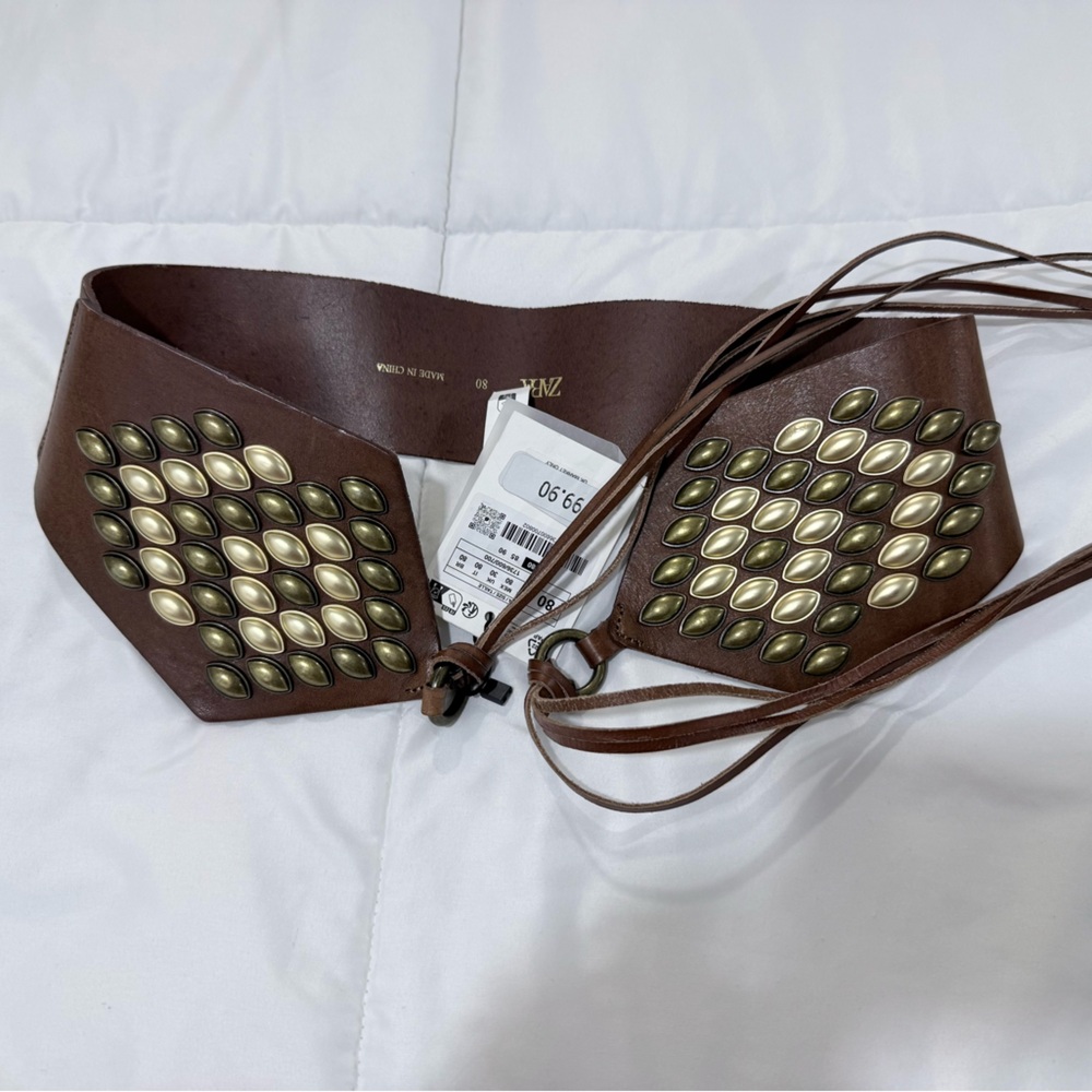 Zara Brown Leather Belt with Gold and Silver Accents
